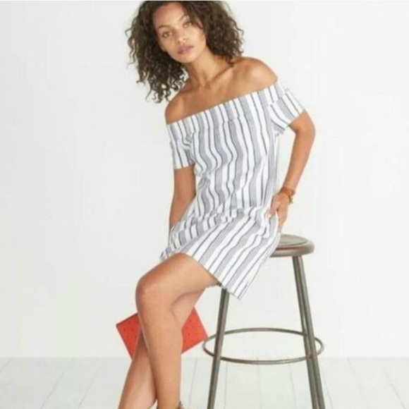 Marine Layer Short Sleeve Off The Shoulder Stripe 💙 Blue/White 🤍 Mini Dress - S - Picture 1 of 7